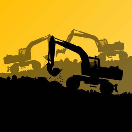 Excavator loader hydraulic machine tractor and worker digging at industrial construction site vector abstract backgroundのイラスト素材