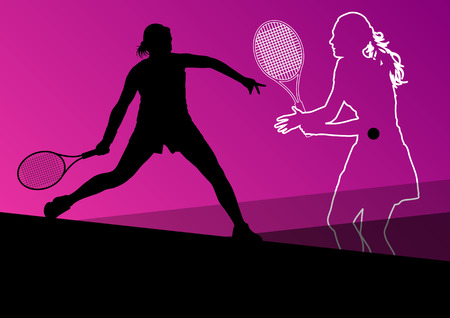 Girl tennis players active sport silhouettes vector abstract background illustrationのイラスト素材