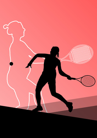 Girl tennis players active sport silhouettes vector abstract background illustrationのイラスト素材