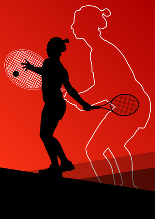 Girl tennis players active sport silhouettes vector abstract background illustrationのイラスト素材