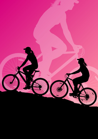 Active woman cyclists bicycle riders in landscape background illustration vectorのイラスト素材