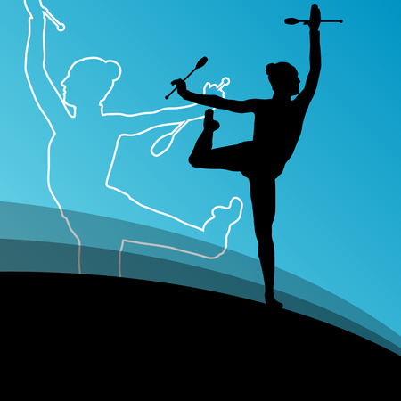 Active young women calisthenics sport gymnasts silhouettes with clubs in acrobatics abstract background illustration vectorのイラスト素材