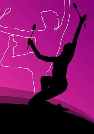 Active young women calisthenics sport gymnasts silhouettes with clubs in acrobatics abstract background illustration vectorのイラスト素材