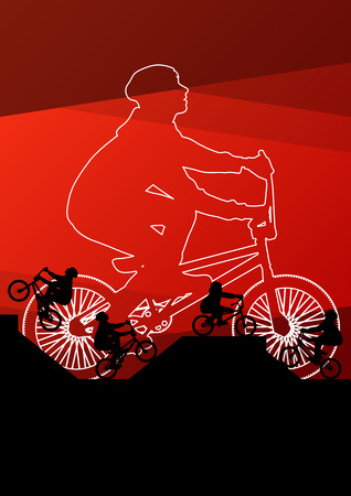 Extreme cyclists bicycle riders active children sport silhouettes vector background illustrationのイラスト素材
