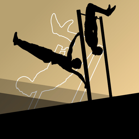 Active and strong fitness men doing push ups muscles training in sport silhouettes gym background illustration vectorのイラスト素材
