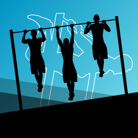 Active and strong fitness men doing push ups muscles training in sport silhouettes gym background illustration vectorのイラスト素材