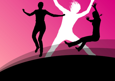 Young women active silhouettes jumping in the air abstract background vector illustrationのイラスト素材