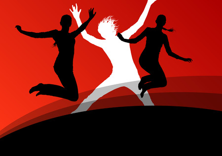 Young women active silhouettes jumping in the air abstract background vector illustrationのイラスト素材