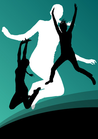 Young women active silhouettes jumping in the air abstract background vector illustrationのイラスト素材