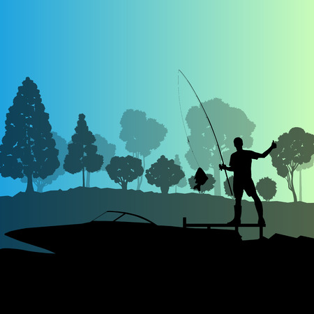 Man fishing on lake from boat vector background landscape for posterのイラスト素材