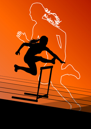 Active women girl sport athletics hurdles barrier running silhouettes illustrationのイラスト素材