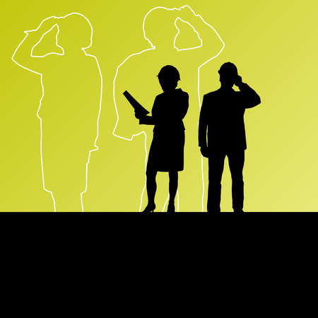 Men and women construction engineers in safety helmets in industrial employment concept vector background illustrationのイラスト素材