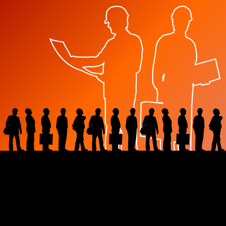 Men engineers miners and construction workers in helmets work line crowd unemployment concept vector background illustrationのイラスト素材