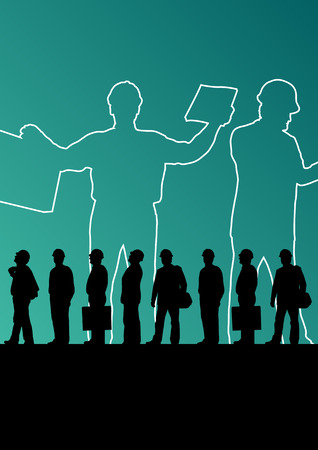 Men engineers miners and construction workers in helmets work line crowd unemployment concept vector background illustrationのイラスト素材