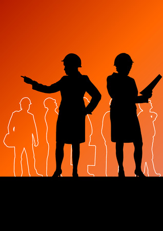 Men and women construction engineers in safety helmets in industrial employment concept vector background illustrationのイラスト素材