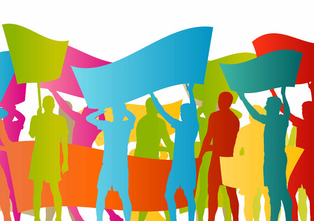 Protesters angry people crowd with posters and flags in abstract riot landscape background illustrationのイラスト素材