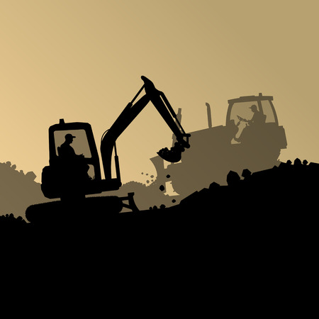 Excavator loader hydraulic machine tractor and worker digging at industrial construction site vector abstract backgroundのイラスト素材