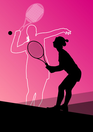 Girl tennis players active sport silhouettes vector abstract background illustrationのイラスト素材