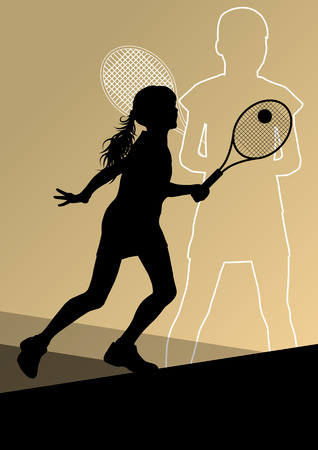 Girl tennis players active sport silhouettes vector abstract background illustrationのイラスト素材