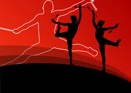 Active young women calisthenics sport gymnasts silhouettes with clubs in acrobatics abstract background illustration vectorのイラスト素材