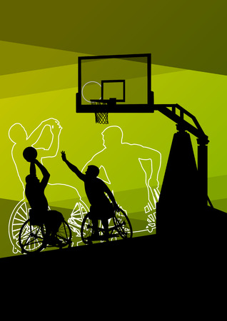 Active young disabled men basketball players in a wheelchair detailed sport concept silhouette illustration background vectorのイラスト素材