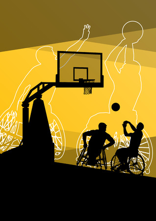 Active young disabled men basketball players in a wheelchair detailed sport concept silhouette illustration background vectorのイラスト素材