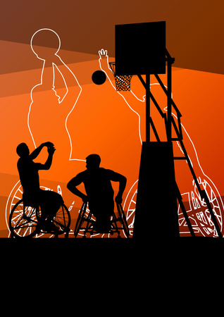 Active young disabled men basketball players in a wheelchair detailed sport concept silhouette illustration background vectorのイラスト素材