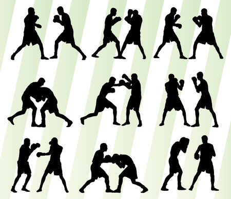 Boxing active young men box sport silhouettes set background illustration vectorのイラスト素材