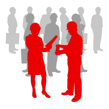 Engineer detailed silhouettes illustration vector background company team concept with speech bubblesのイラスト素材