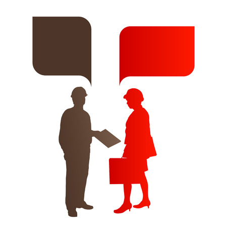 Engineer detailed silhouettes illustration vector background company team concept with speech bubblesのイラスト素材