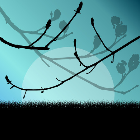 Tree branch with buds spring vector background landscape with grass fieldのイラスト素材