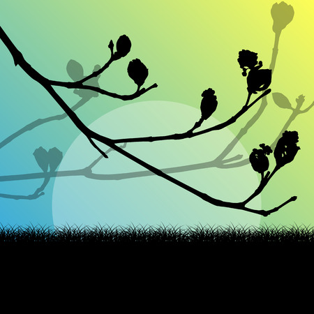 Tree branch with buds spring vector background landscape with grass fieldのイラスト素材