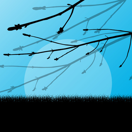 Tree branch with buds spring vector background landscape with grass fieldのイラスト素材