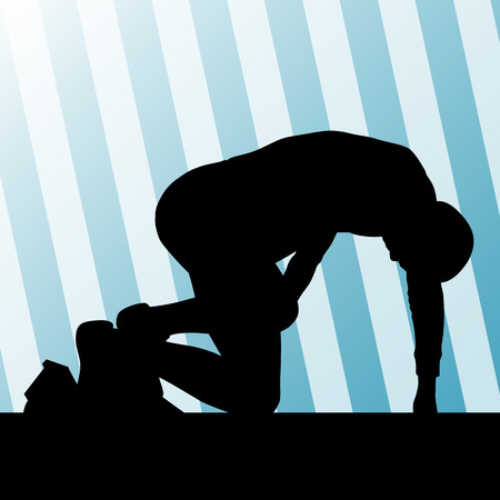 Sprinter getting ready to start the race with starting blocks for posterのイラスト素材