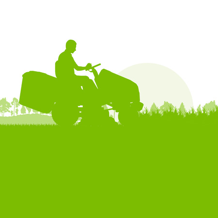 Man with lawn mover cutting grass vector background ecology concept for posterのイラスト素材