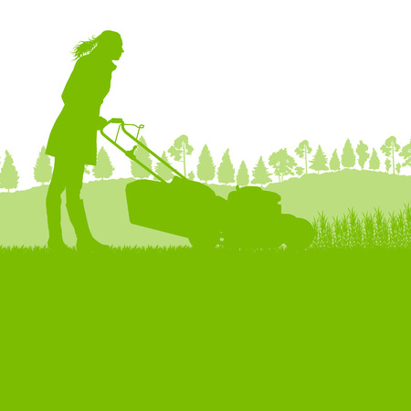 Woman with lawn mover cutting grass vector background ecology conceptのイラスト素材