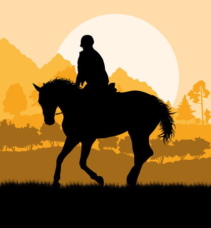 Horseback rider silhouette in nature vector background landscape freedom conceptのイラスト素材