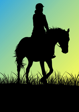 Horse riding woman in morning sunrise vector background freedom conceptのイラスト素材