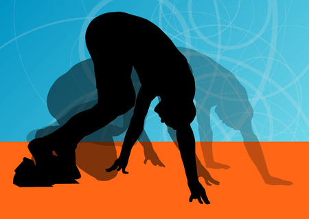 Sprinter getting ready to start the race with starting blocks for posterのイラスト素材