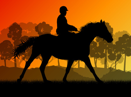 Horseback rider silhouette in nature vector background landscape freedom conceptのイラスト素材