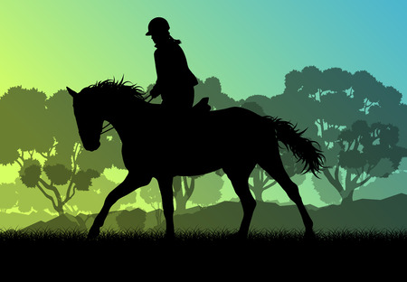 Horseback rider silhouette in nature vector background landscape freedom conceptのイラスト素材