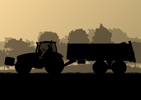 Agriculture tractor with corn trailer in cultivated country grain field landscape background illustration vector ecology conceptのイラスト素材