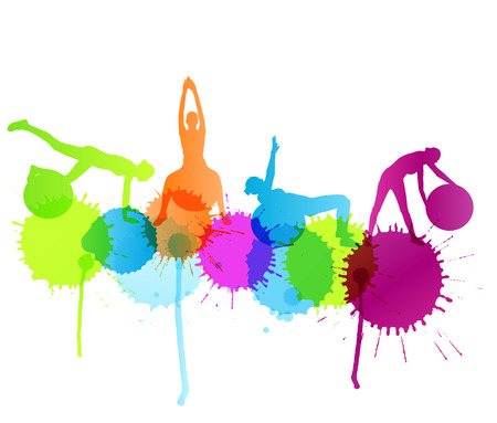 Woman on fitness ball exercises vector background concept with color splashes for posterのイラスト素材