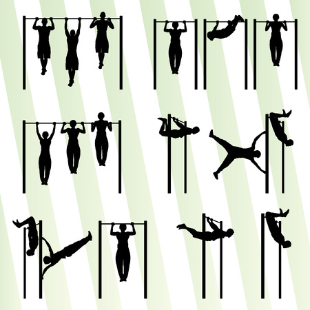 Muscular men doing pull ups bodybuilding fitness set vector background conceptのイラスト素材
