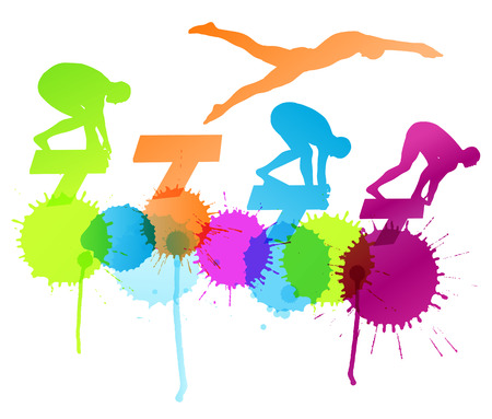 Active young swimmers diving and swimming in water sport abstract pool silhouettes vector background illustration concept with splashesのイラスト素材