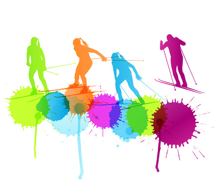 Active young woman cross country skiing sport silhouette vector background concept with color splashesのイラスト素材