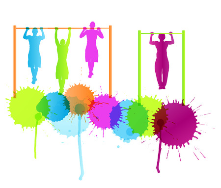 Muscular men doing pull ups bodybuilding fitness vector background concept with color splashesのイラスト素材