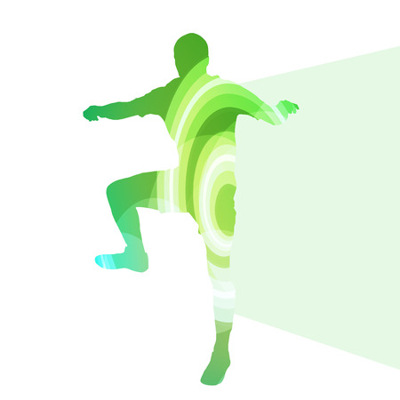 Man athletic stretching exercise warm up silhouette vector background colorful concept made of transparent curved shapesのイラスト素材