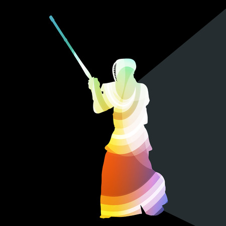 Kendo training sport man silhouette illustration vector background colorful concept made of transparent curved shapesのイラスト素材