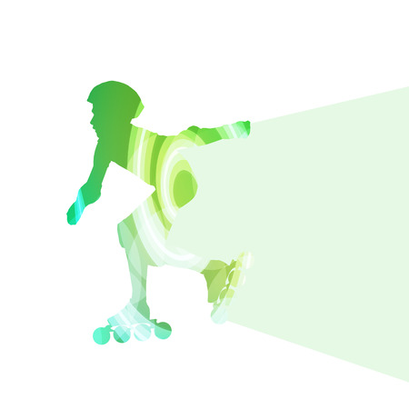 Man, teenage boy driving with inline skates, skating vector background colorful concept made of transparent curved shapesのイラスト素材